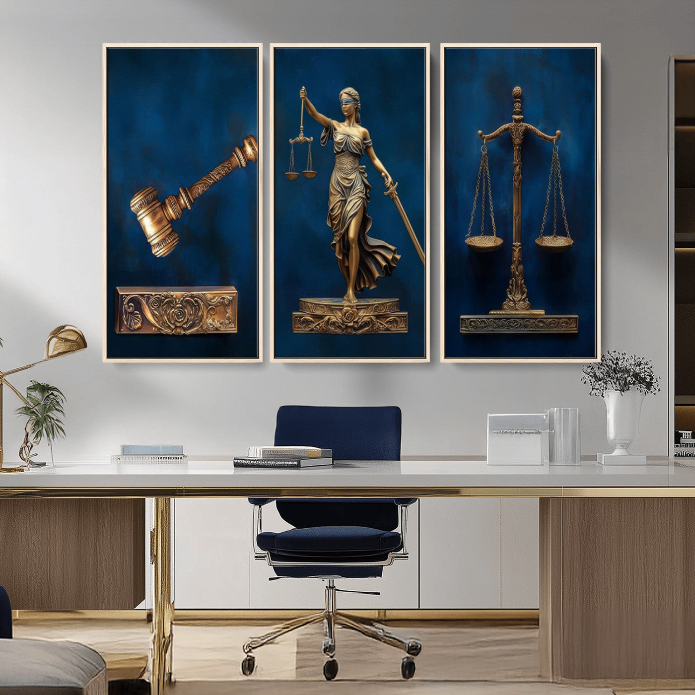 MGV-FC-48X32-3P - Lady Justice Wall Art Canvas Print – Elegant Gold Legal Symbols on Blue Background, Perfect for Law