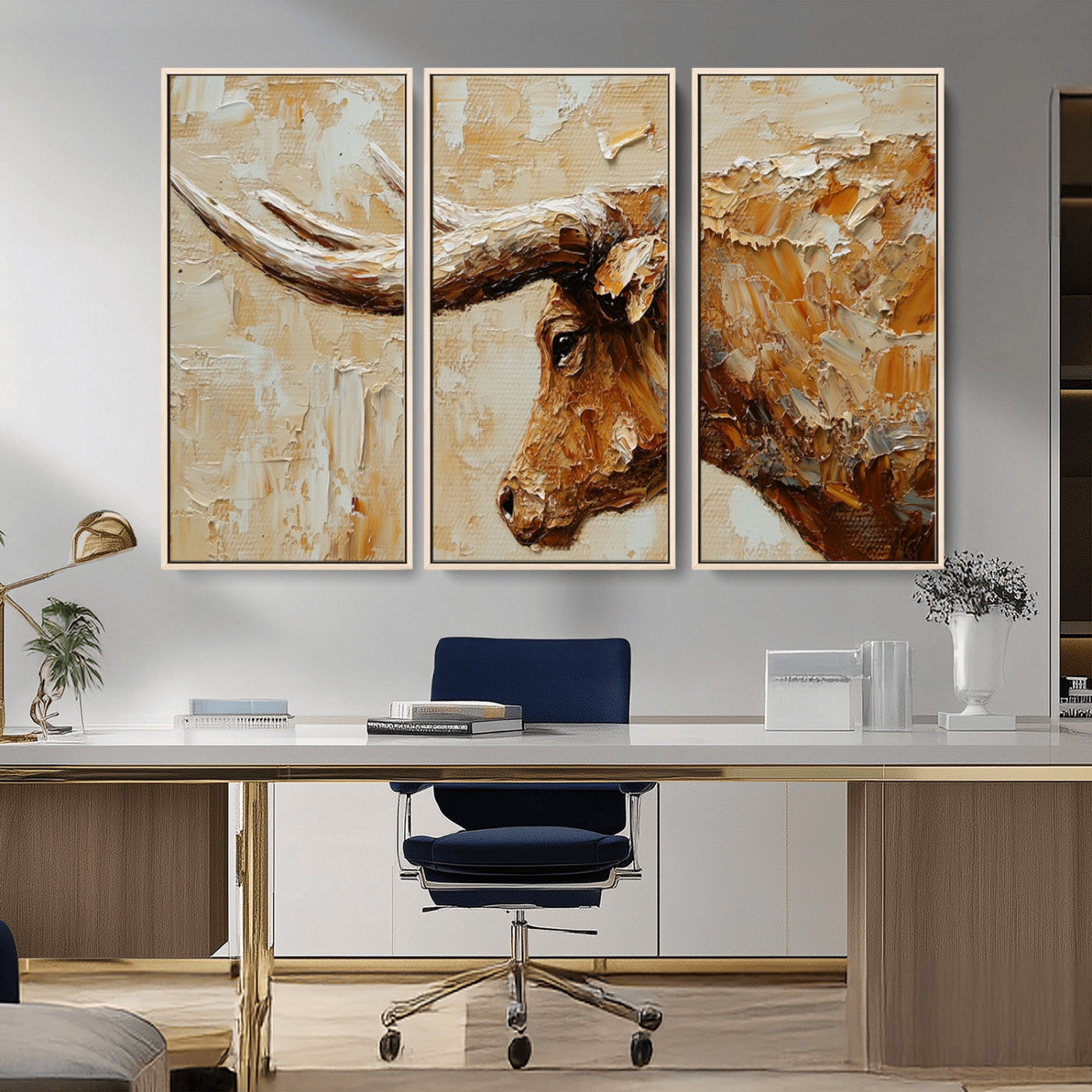 Rustic Longhorn Bull Wall Art Canvas Print – Vintage Western Cattle Painting, Texas Steer Artwork for Ranch, Farmhouse or Cowboy Decor