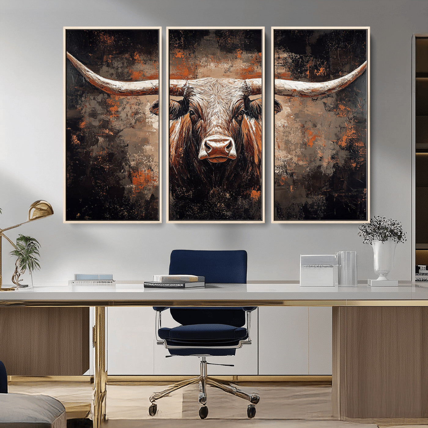 Rustic Longhorn Bull Wall Art Canvas Print – Vintage Western Cattle Painting, Texas Steer Artwork for Ranch, Farmhouse or Cowboy Decor
