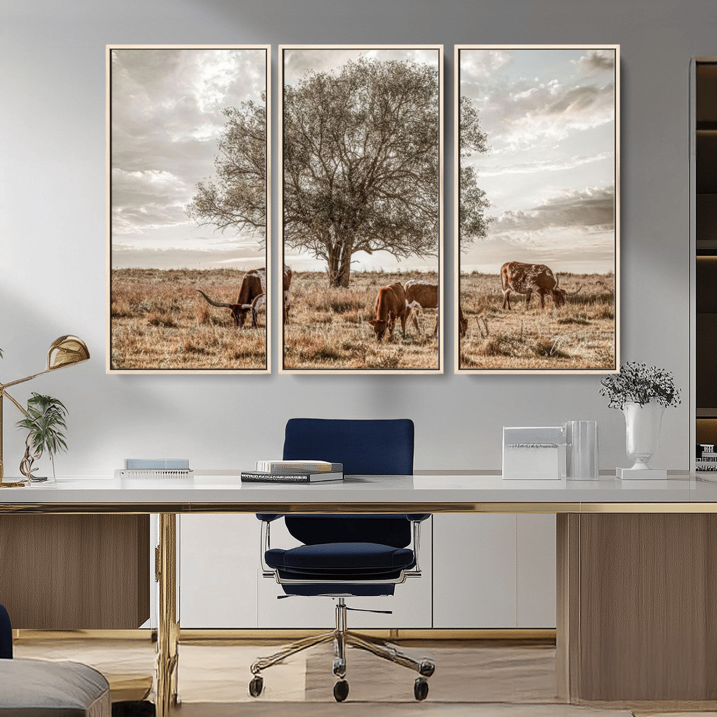 Texas Longhorn Cattle Wall Art Canvas Print – Rustic Western Ranch Scene with Steers at Sunset, Perfect for Farmhouse or Cowboy Decor