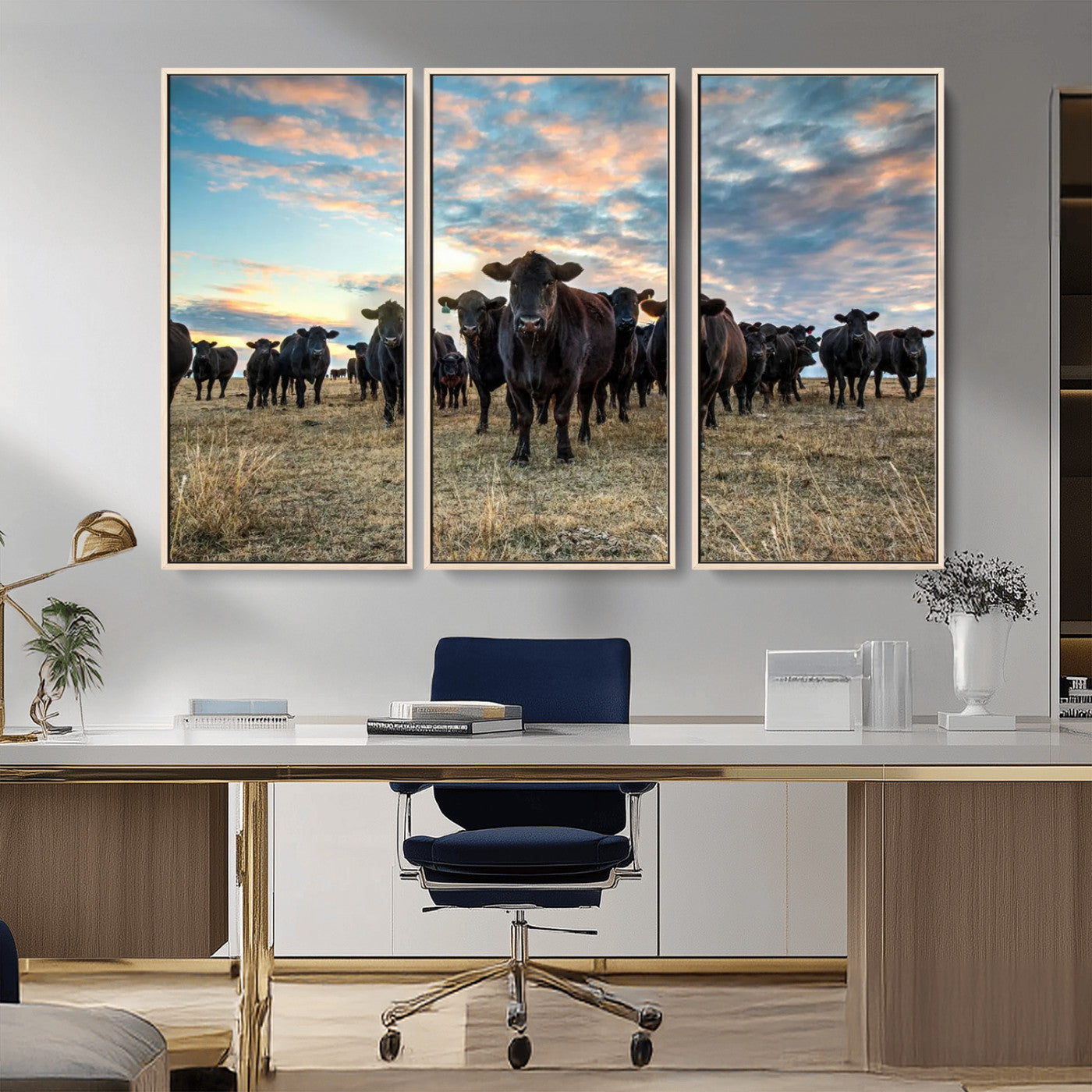 13867292-MGV-CV-36X24-Texas Longhorn Cattle Wall Art Canvas Print – Rustic Western Ranch Scene with Steers at Sunset, Perfect for Farmhouse or Cowboy Decor