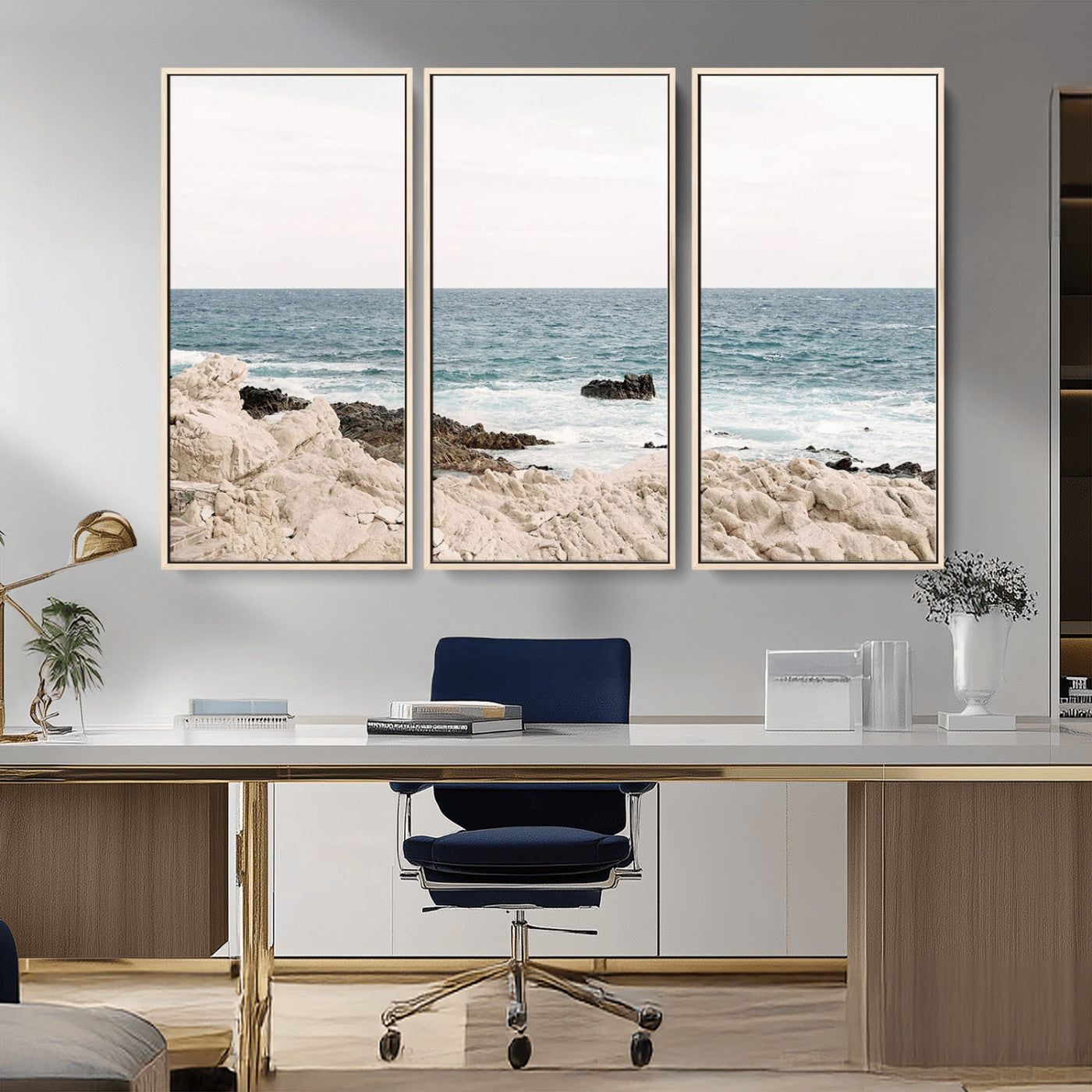 Coastal Ocean View Wall Art Canvas Print – Serene Rocky Shoreline and Blue Sea Photography for Coastal Chic or Minimalist Home Decor