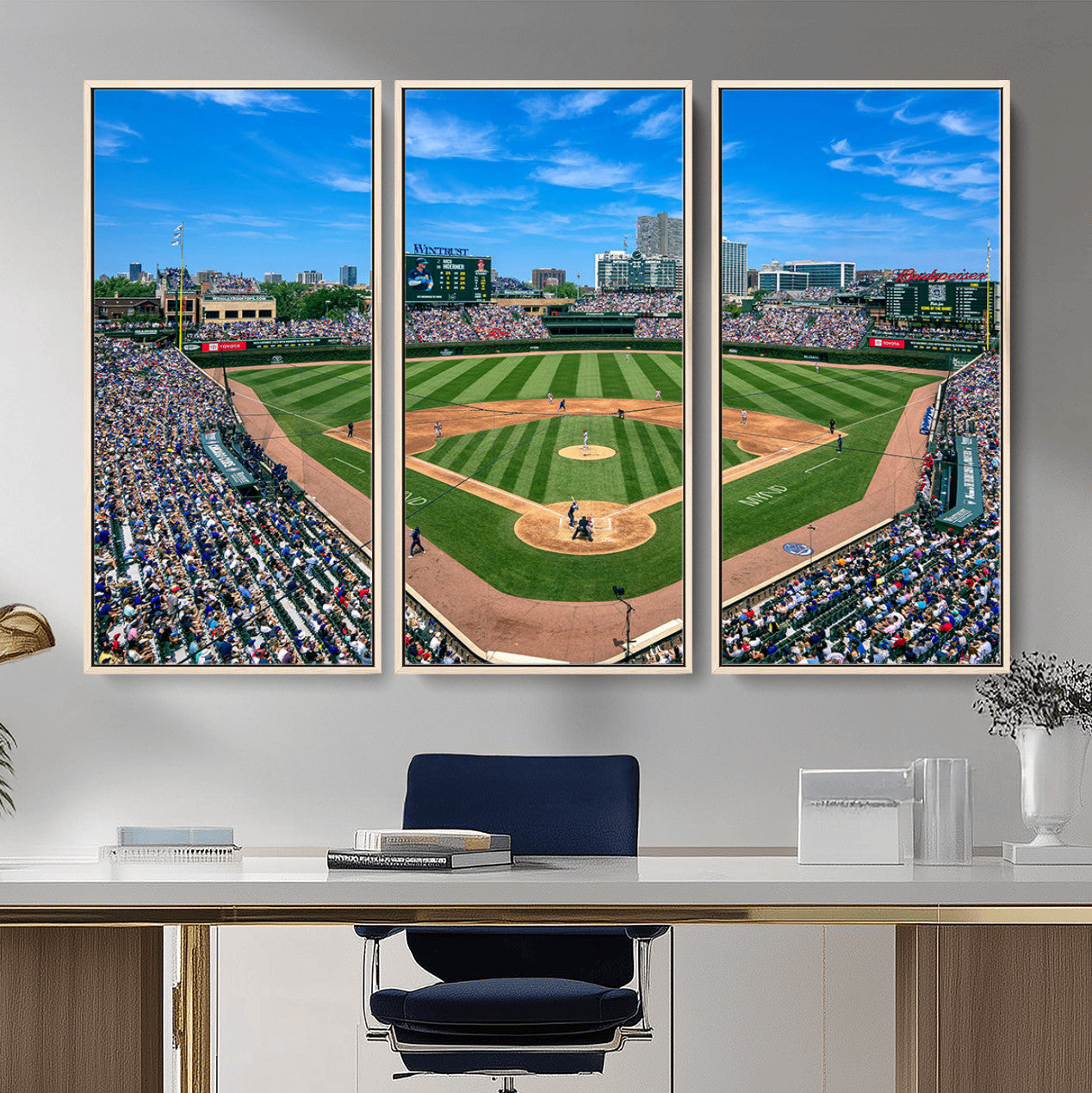 35800083-MGV-FC-48X32-3P - Wrigley Field Baseball Stadium Canvas Wall Art – Packed Crowd Sports Stadium City Skyline Artwork for Home Office