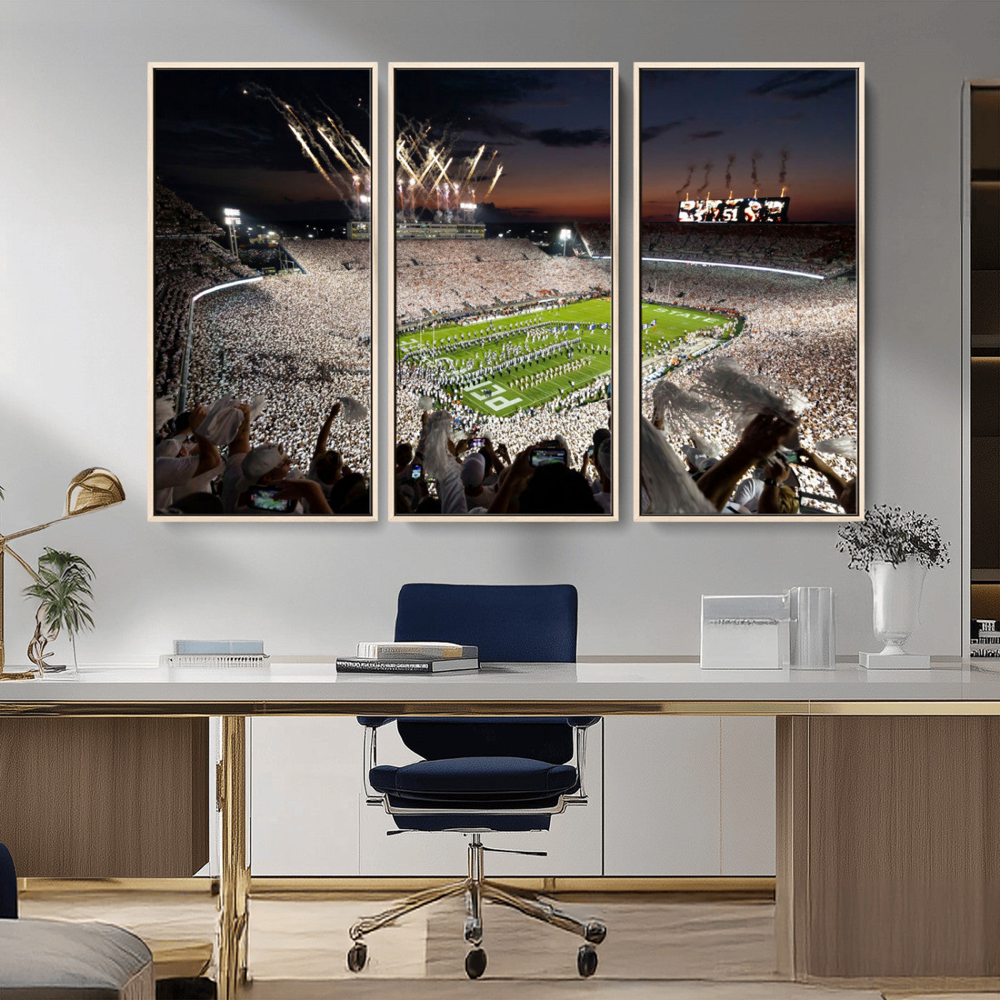MGV-FC-48X32-3P - Penn State Stadium Wall Art Print, White Out Football Game Canvas Wall Art, Framed Sports Stadium,