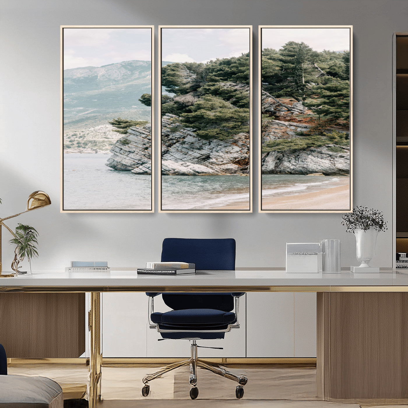 MGV-FC-48X32-3P - Coastal Rock Canvas Wall Art Print, Scenic Beach Landscape, Pine Trees on Rocky Cliff, Large Nature