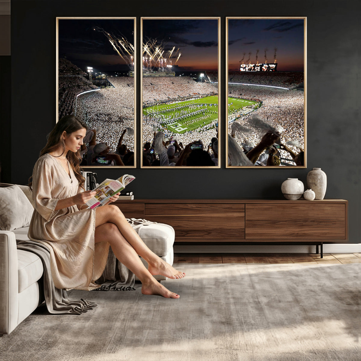 11221988-MGV-CV-36X24 - Epic Night Football Stadium Wall Art Canvas Print, Fireworks and Crowd