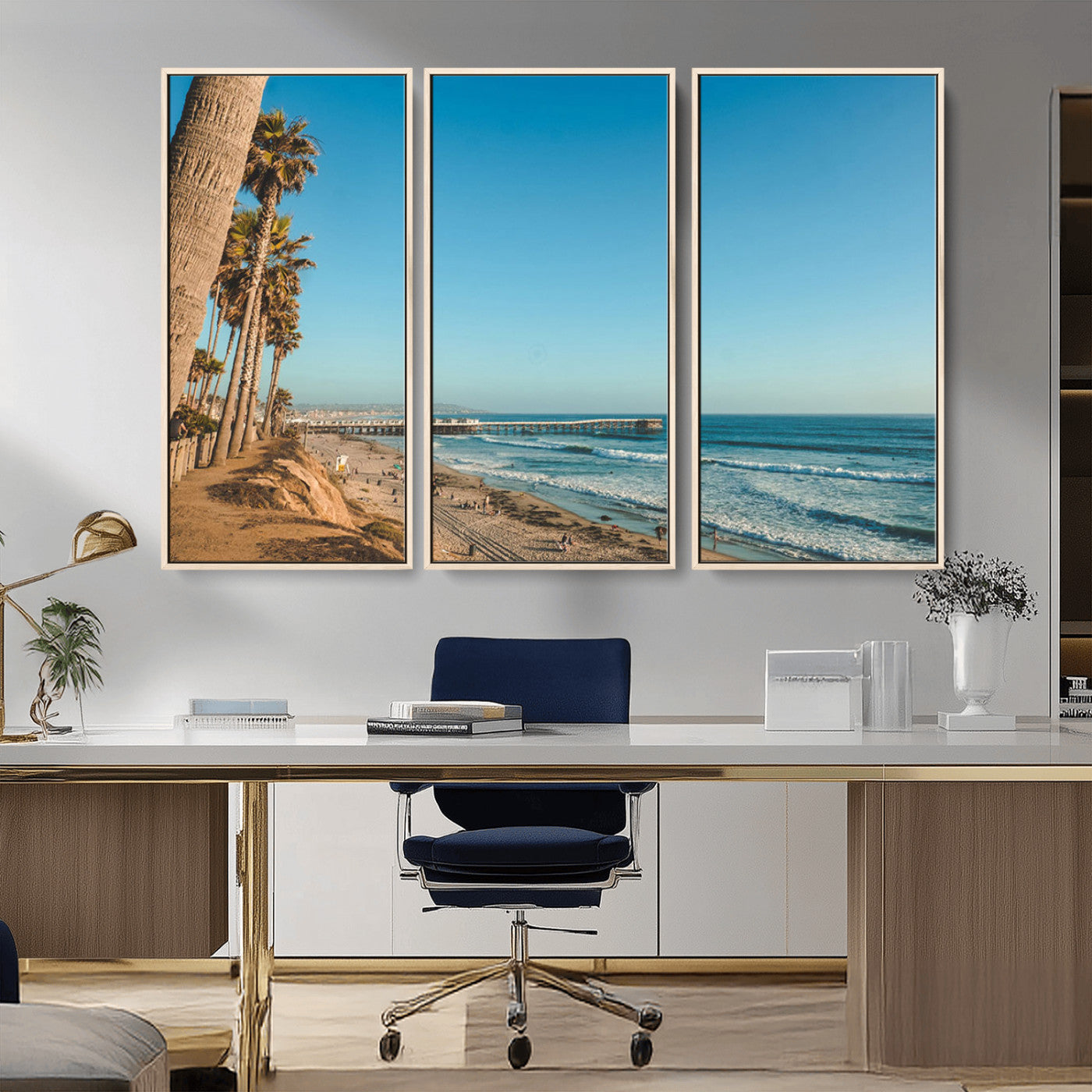 MGV-FC-48X32-3P - Scenic Beach with Tall Palm Trees, Sandy Shore, and Long Pier Stretching into the Calm Ocean Under