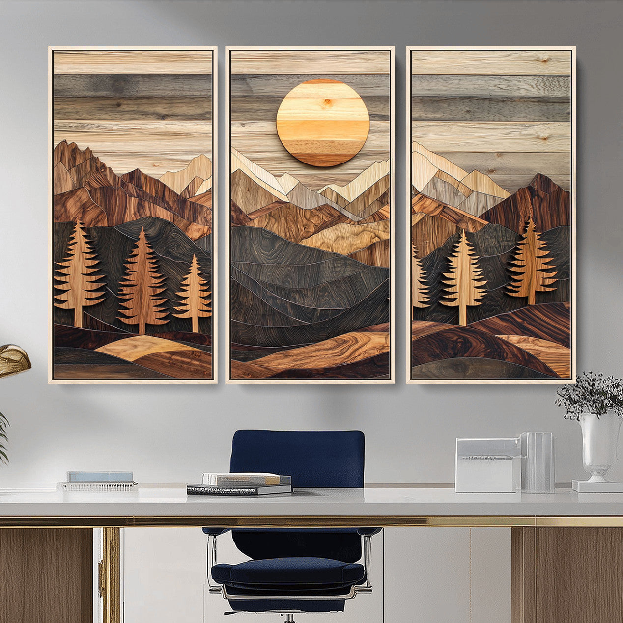 19832326-MGV-FC-48X32-3P - Wooden Mountain Landscape Layered Texture Geometric Shapes Sun Pine Trees Rustic Natural Tones Art
