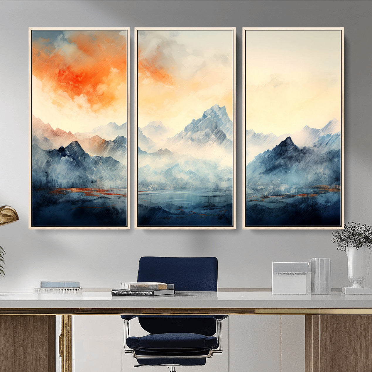 WRM1005-MGV-FC-48X32-3P - Warm Clouds Abstract Mountain Wall Art, Modern Landscape Canvas Print, Minimal Framed Artwork for Home, Office