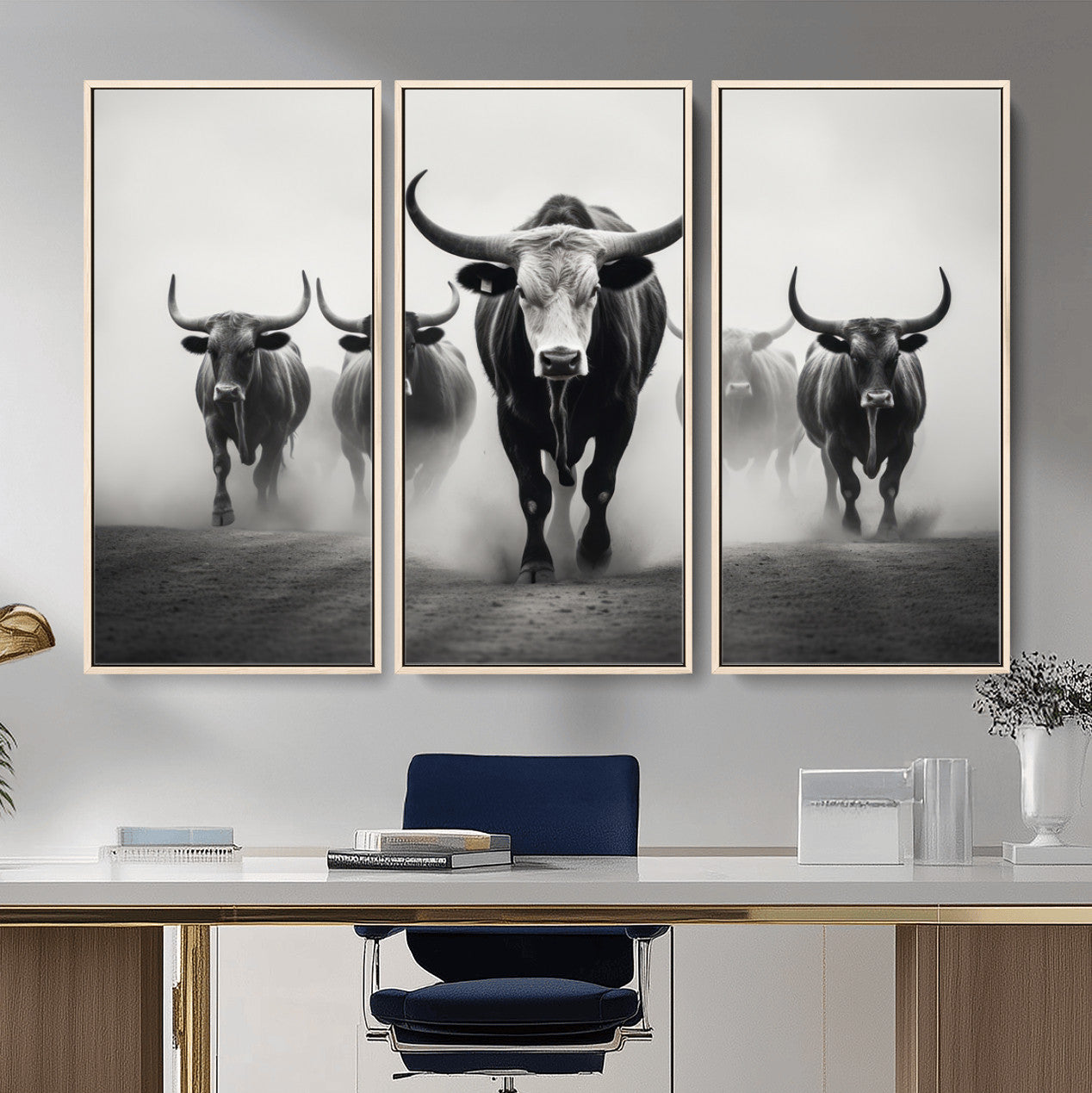 N34534C-MGV-FC-48X32-3P - Texas Bighorn Cow Hern Wall Art Canvas Print, Longhorn Cow Large Wall Art