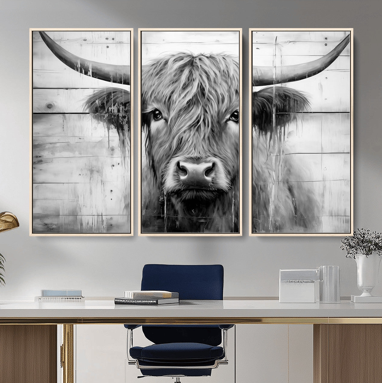 1001HASAN27-MGV-FC-48X32-3P - Black White Highland Cow Wall Art Canvas Print