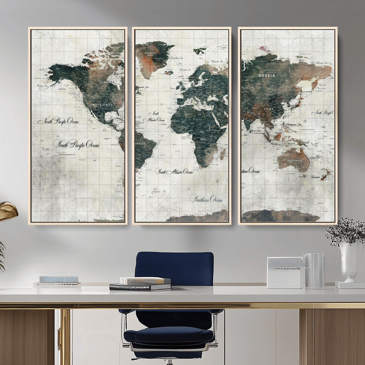 90149079-MGV-FC-48X32-3P - World Map Wall Art Canvas Print, Modern Decorative Framed Map Artwork Prints for Living Room, Office, Bedroom Wall Decor