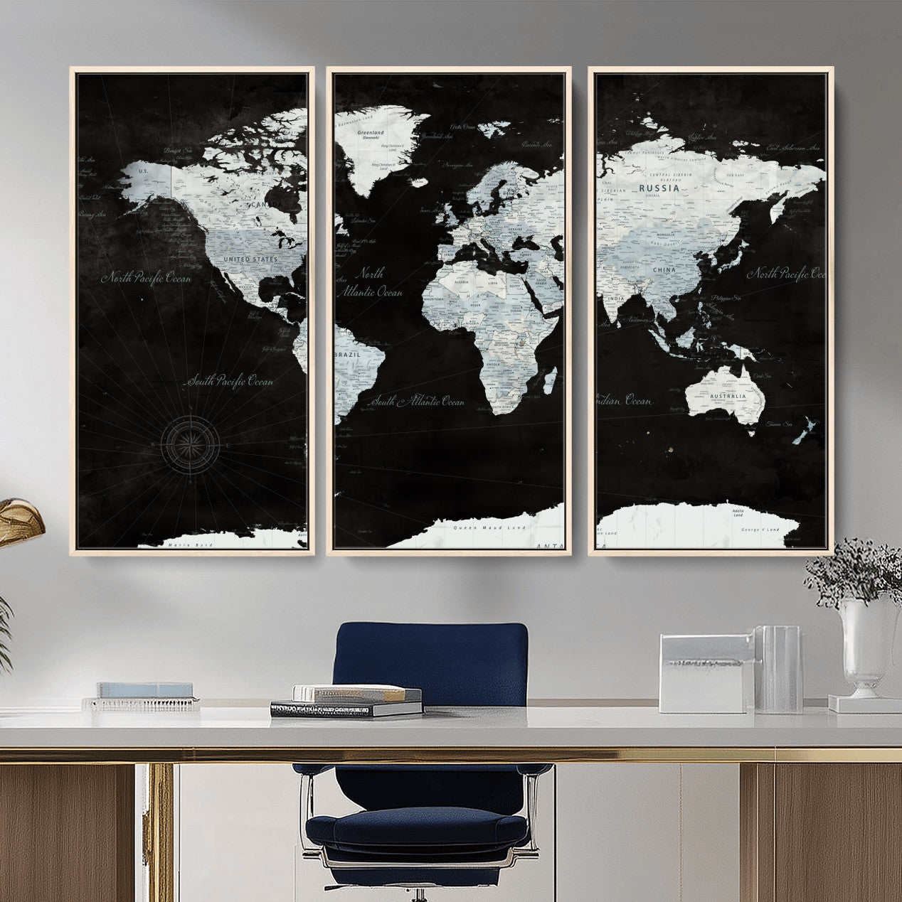 30759283-MGV-FC-48X32-3P - World Map Wall Art Canvas Print, Modern Decorative Framed Map Artwork Prints for Living Room, Office, Bedroom Wall Decor