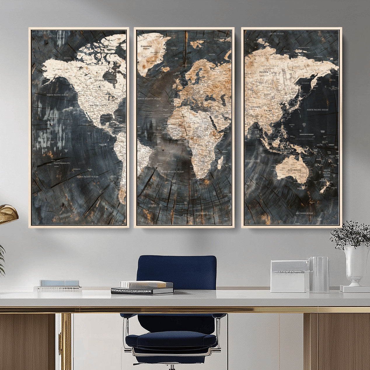 57626704-MGV-FC-48X32-3P - World Map Wall Art Canvas Print, Modern Decorative Framed Map Artwork Prints for Living Room, Office, Bedroom Wall Decor