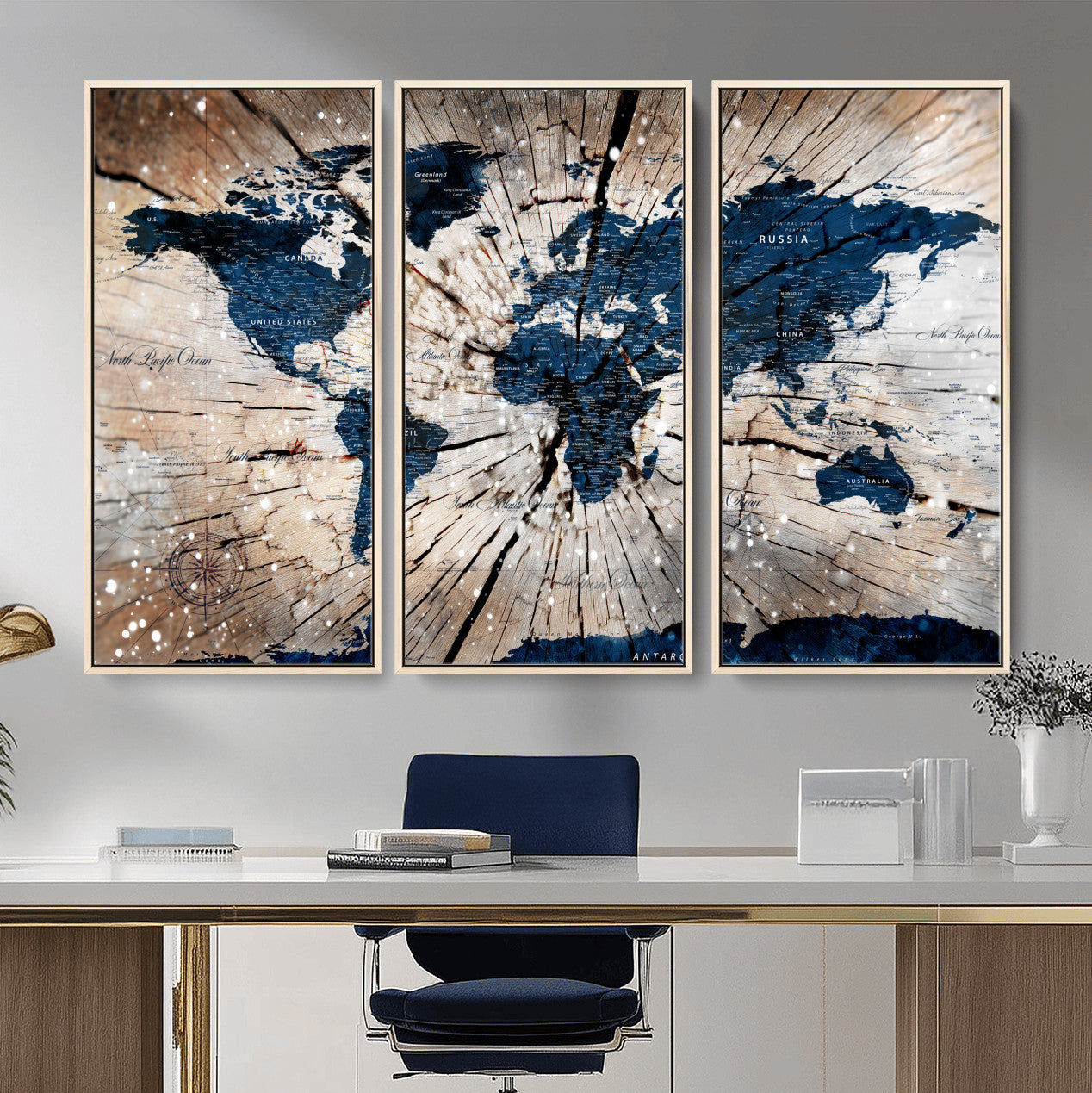 99001695-MGV-FC-48X32-3P - World Map Wall Art Canvas Print, Modern Decorative Framed Map Artwork Prints for Living Room, Office, Bedroom Wall Decor