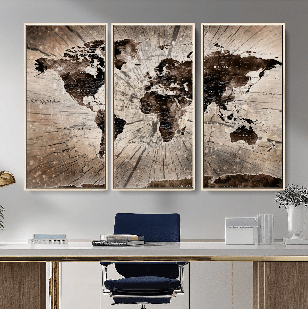 35326624-MGV-FC-48X32-3P - World Map Wall Art Canvas Print, Modern Decorative Framed Map Artwork Prints for Living Room, Office, Bedroom Wall Decor
