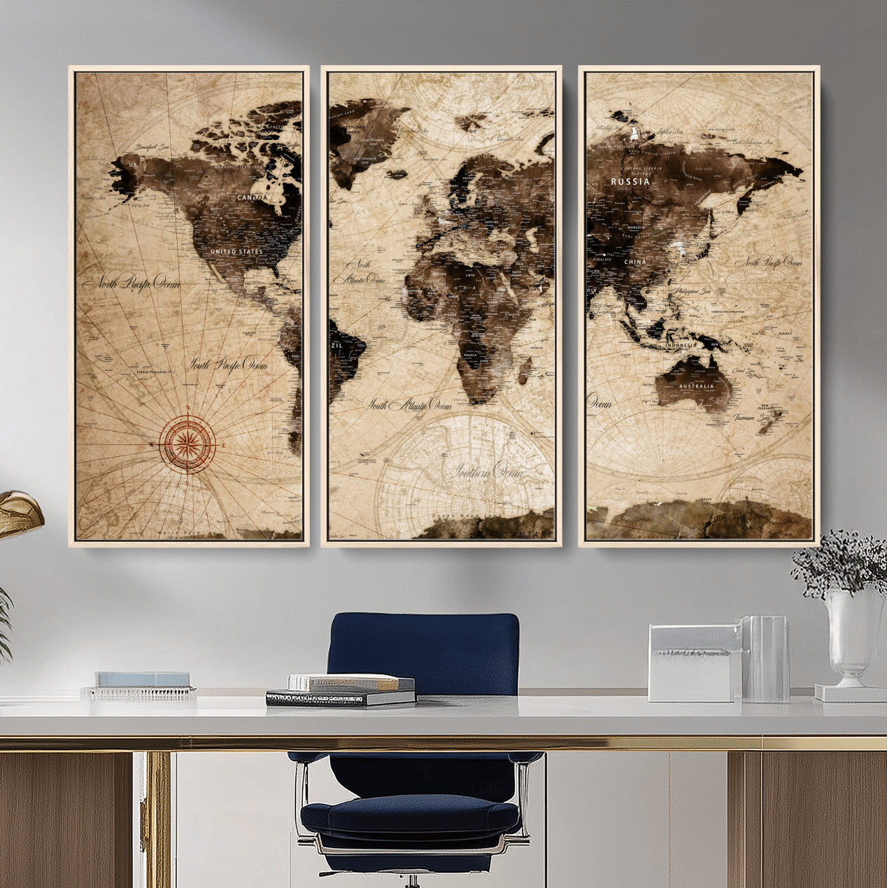 97114757-MGV-FC-48X32-3P - World Map Wall Art Canvas Print, Modern Decorative Framed Map Artwork Prints for Living Room, Office, Bedroom Wall Decor