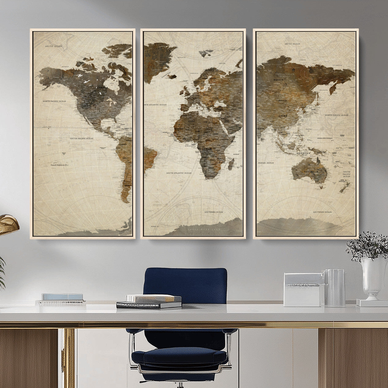 91849163-MGV-FC-48X32-3P - World Map Wall Art Canvas Print, Modern Decorative Framed Map Artwork Prints for Living Room, Office, Bedroom Wall Decor