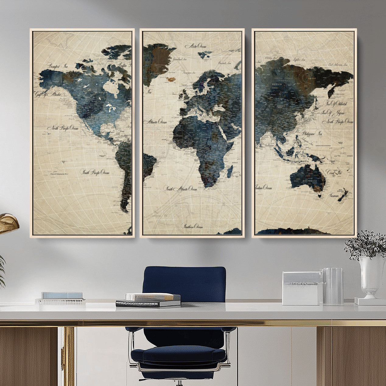 33438443-MGV-FC-48X32-3P - World Map Wall Art Canvas Print, Modern Decorative Framed Map Artwork Prints for Living Room, Office, Bedroom Wall Decor