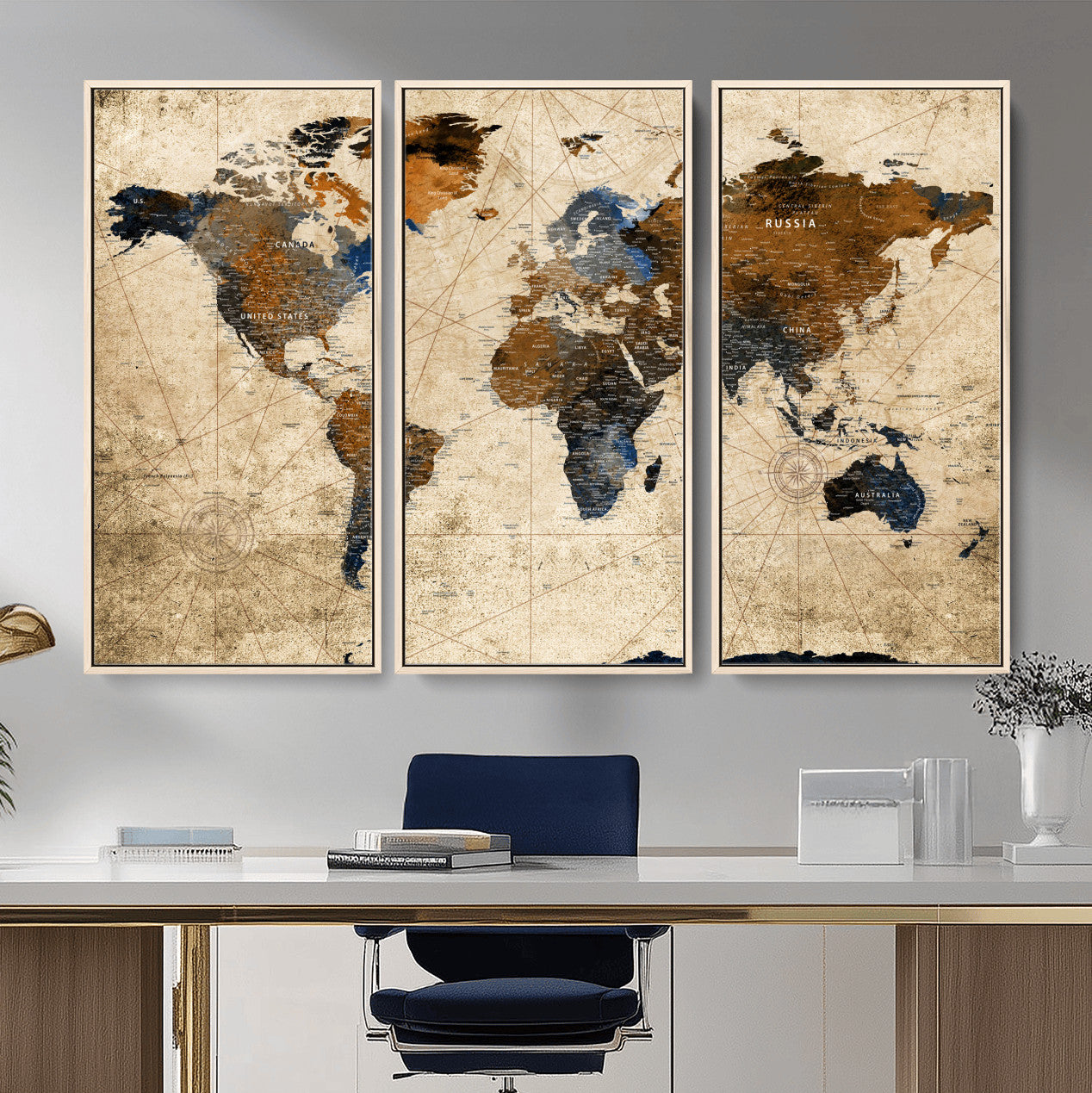 56297284-MGV-FC-48X32-3P - World Map Wall Art Canvas Print, Modern Decorative Framed Map Artwork Prints for Living Room, Office, Bedroom Wall Decor
