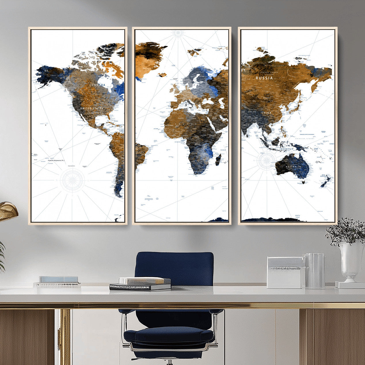 40862517-MGV-FC-48X32-3P - World Map Wall Art Canvas Print, Modern Decorative Framed Map Artwork Prints for Living Room, Office, Bedroom Wall Decor