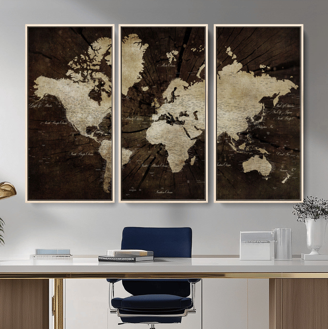 24010397-MGV-FC-48X32-3P - World Map Wall Art Canvas Print, Modern Decorative Framed Map Artwork Prints for Living Room, Office, Bedroom Wall Decor