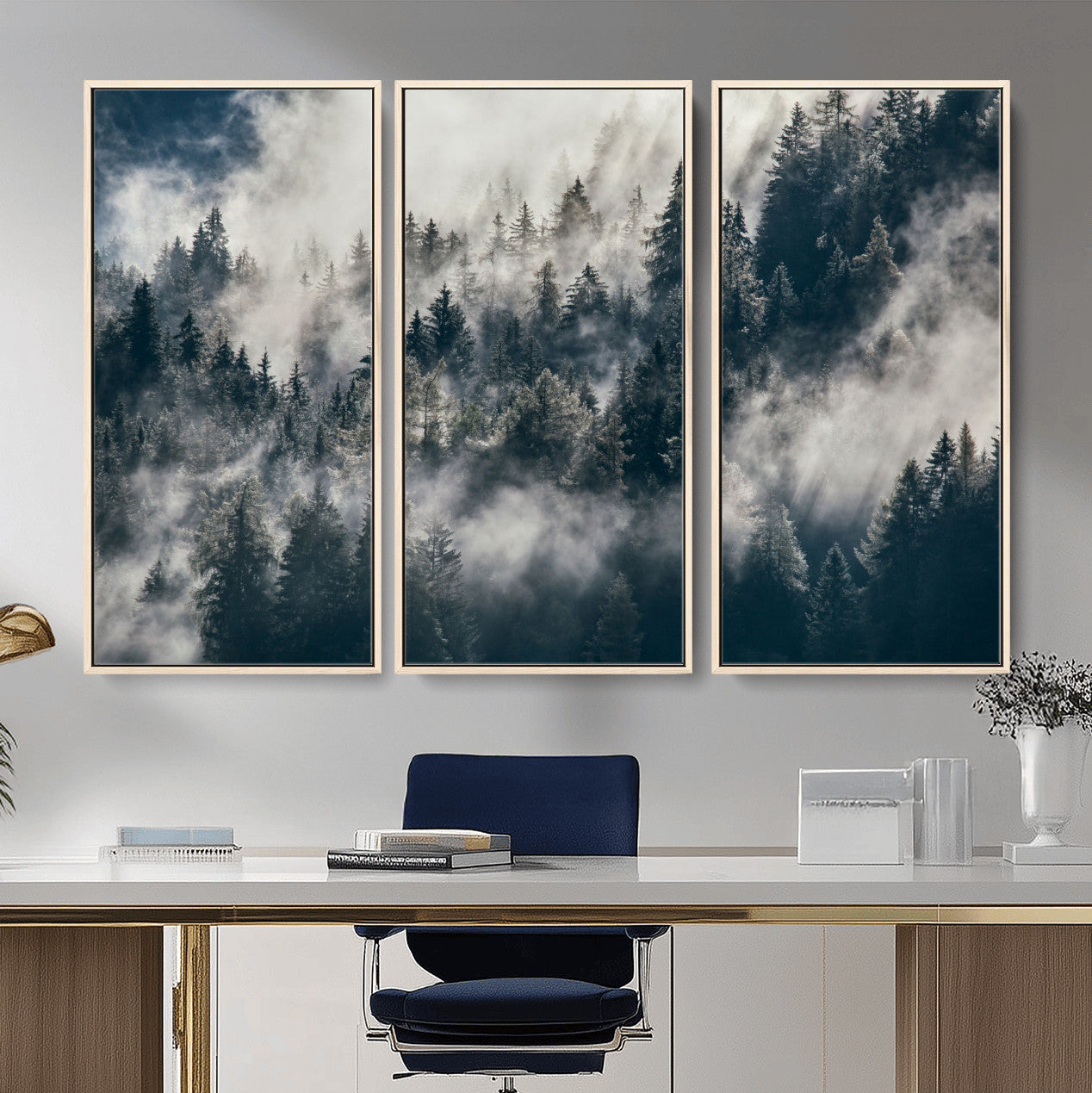 270372951-MGV-FC-48X32-3P - Misty Pine Forest Canvas Wall Art – Dark Forest Mountaing and Nature Landscape Print, Horizontal Canvas Print