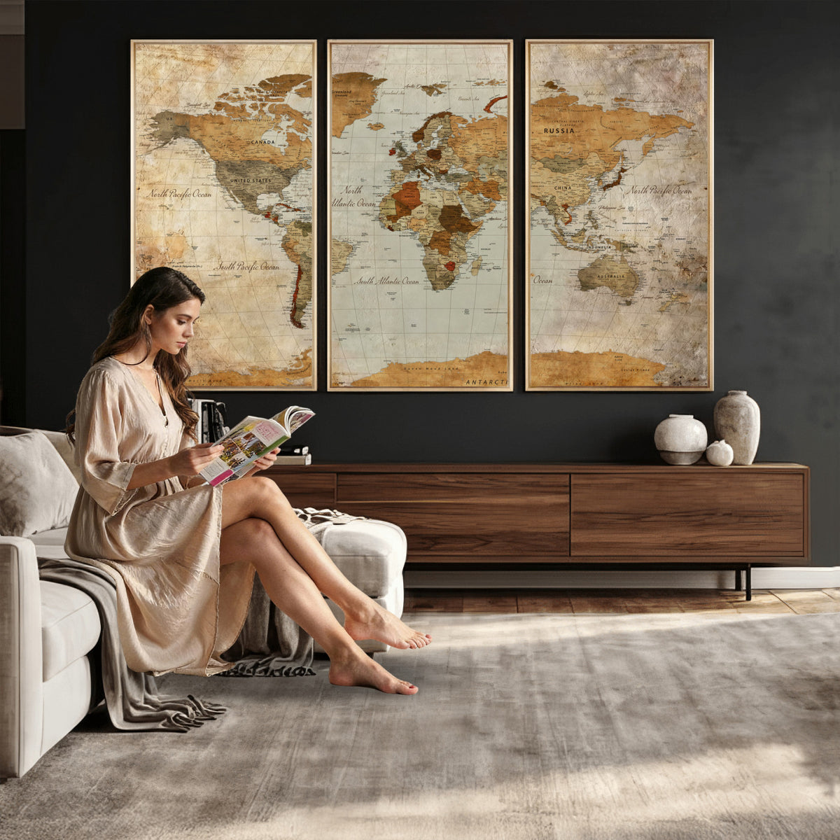 74176056-MGV-CV-36X24 - World Map Wall Art Canvas Print, Modern Decorative Framed Map Artwork Prints for Living Room, Office, Bedroom Wall Decor