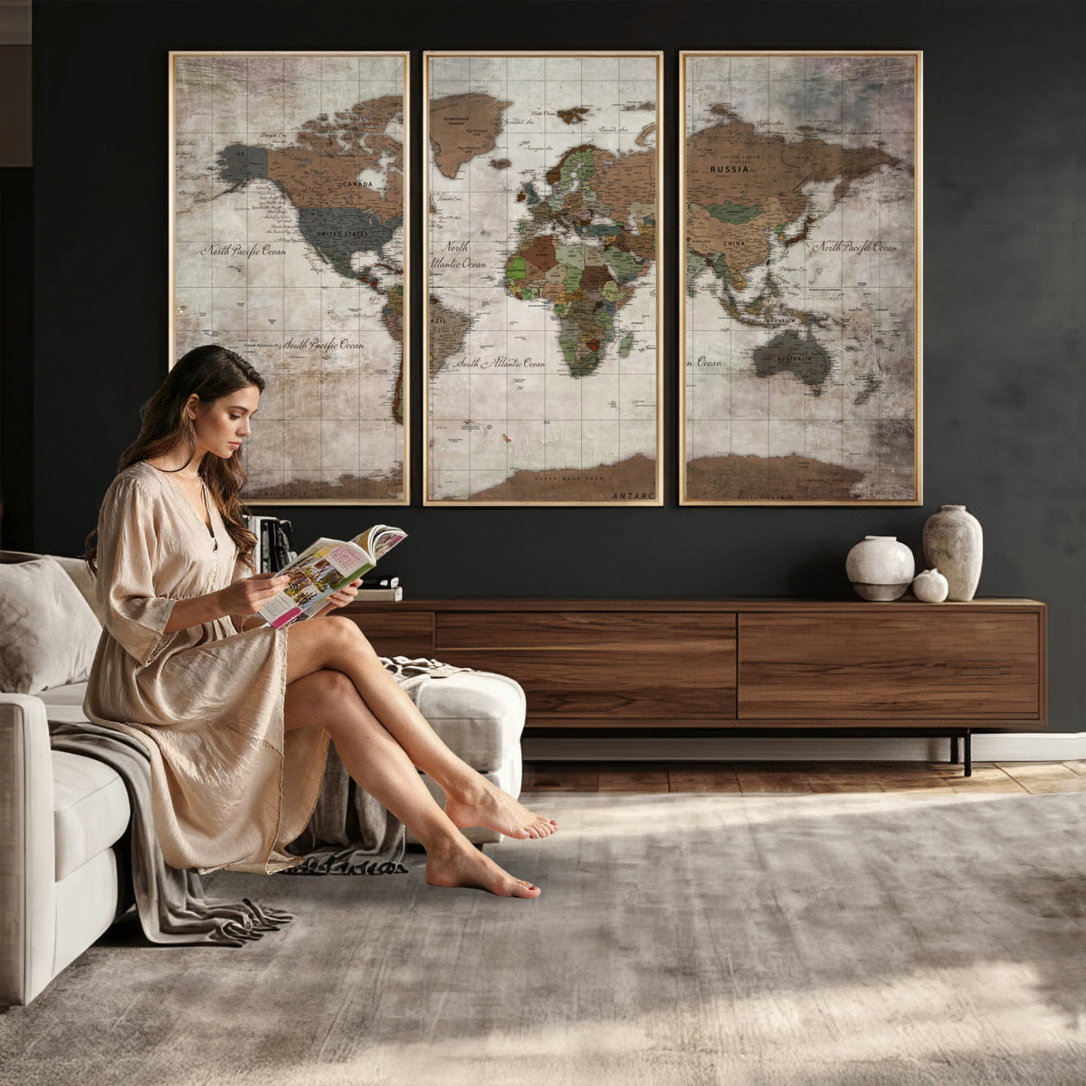 65393892-MGV-CV-36X24 - World Map Wall Art Canvas Print, Modern Decorative Framed Map Artwork Prints for Living Room, Office, Bedroom Wall Decor