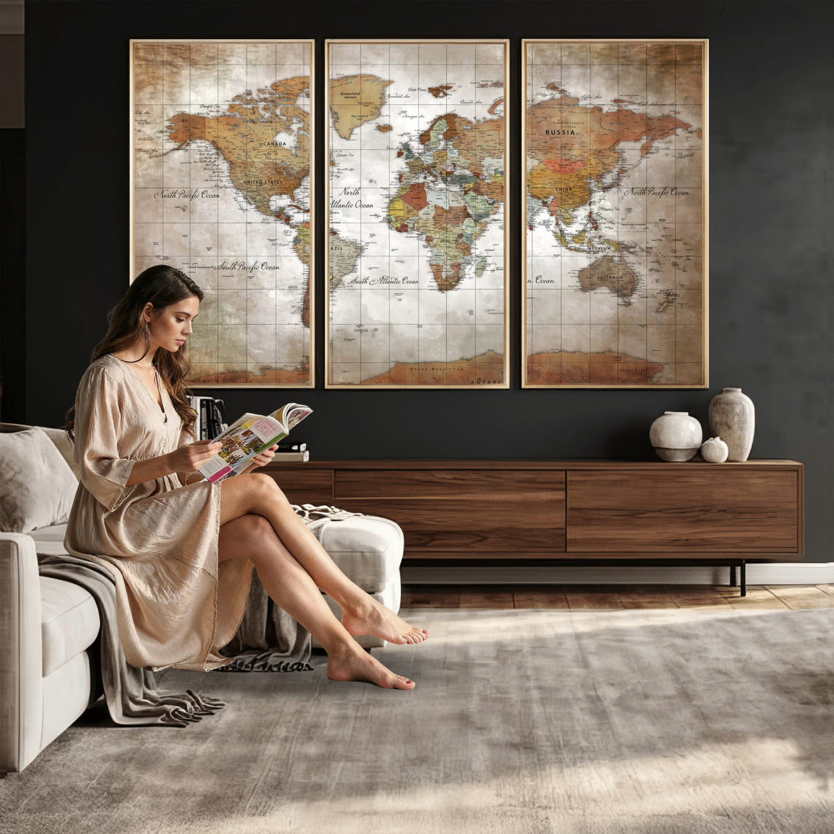51643807-MGV-CV-36X24 - World Map Wall Art Canvas Print, Modern Decorative Framed Map Artwork Prints for Living Room, Office, Bedroom Wall Decor