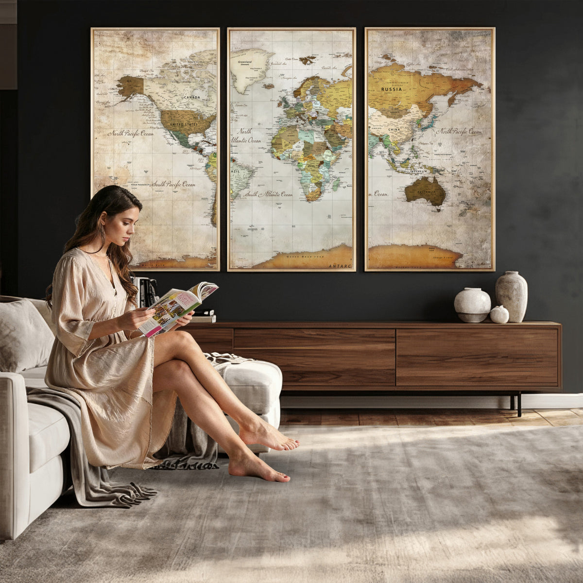 86108417-MGV-CV-36X24 - World Map Wall Art Canvas Print, Modern Decorative Framed Map Artwork Prints for Living Room, Office, Bedroom Wall Decor