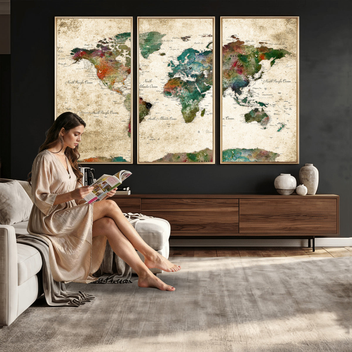 87544591-MGV-CV-36X24 - World Map Wall Art Canvas Print, Modern Decorative Framed Map Artwork Prints for Living Room, Office, Bedroom Wall Decor