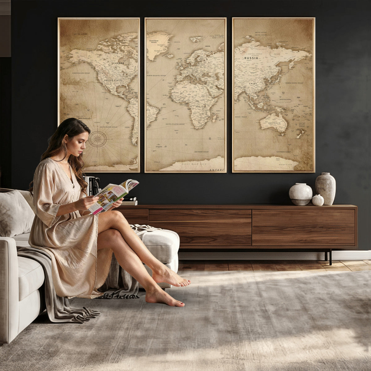 34795134-MGV-CV-36X24 - World Map Wall Art Canvas Print, Modern Decorative Framed Map Artwork Prints for Living Room, Office, Bedroom Wall Decor