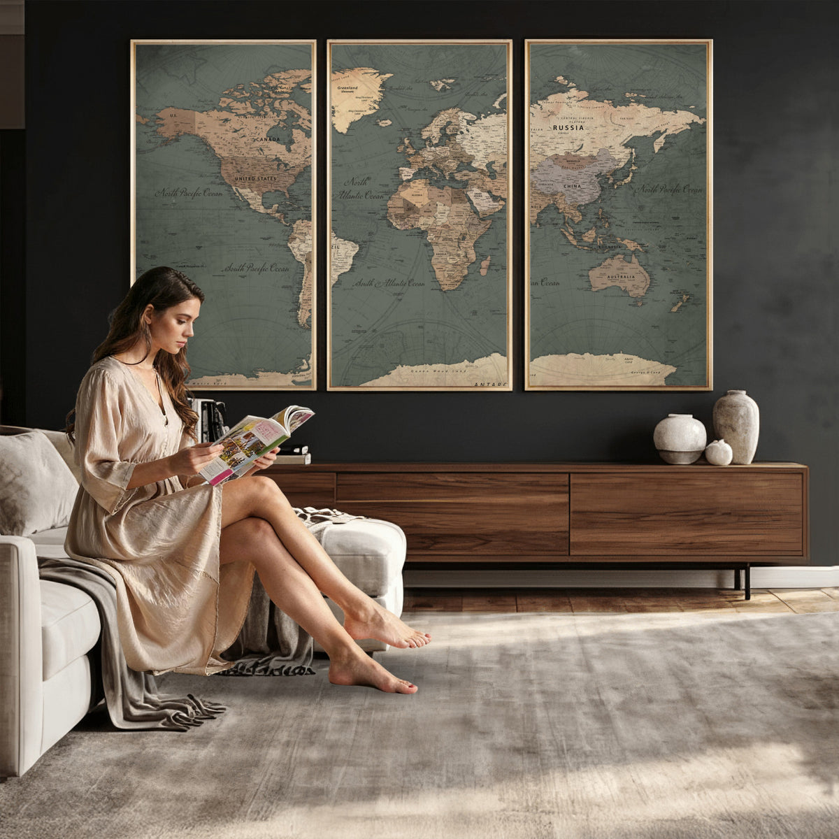 84619399-MGV-CV-36X24 - World Map Wall Art Canvas Print, Modern Decorative Framed Map Artwork Prints for Living Room, Office, Bedroom Wall Decor