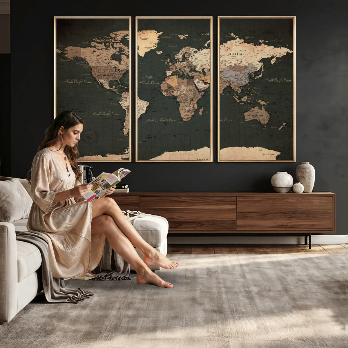 62059333-MGV-CV-36X24 - World Map Wall Art Canvas Print, Modern Decorative Framed Map Artwork Prints for Living Room, Office, Bedroom Wall Decor