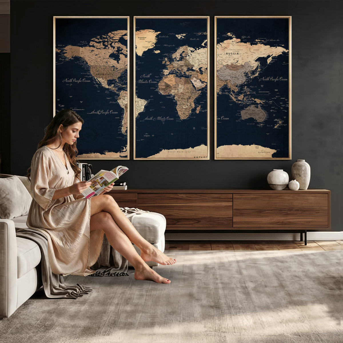 53971530-MGV-CV-36X24 - World Map Wall Art Canvas Print, Modern Decorative Framed Map Artwork Prints for Living Room, Office, Bedroom Wall Decor