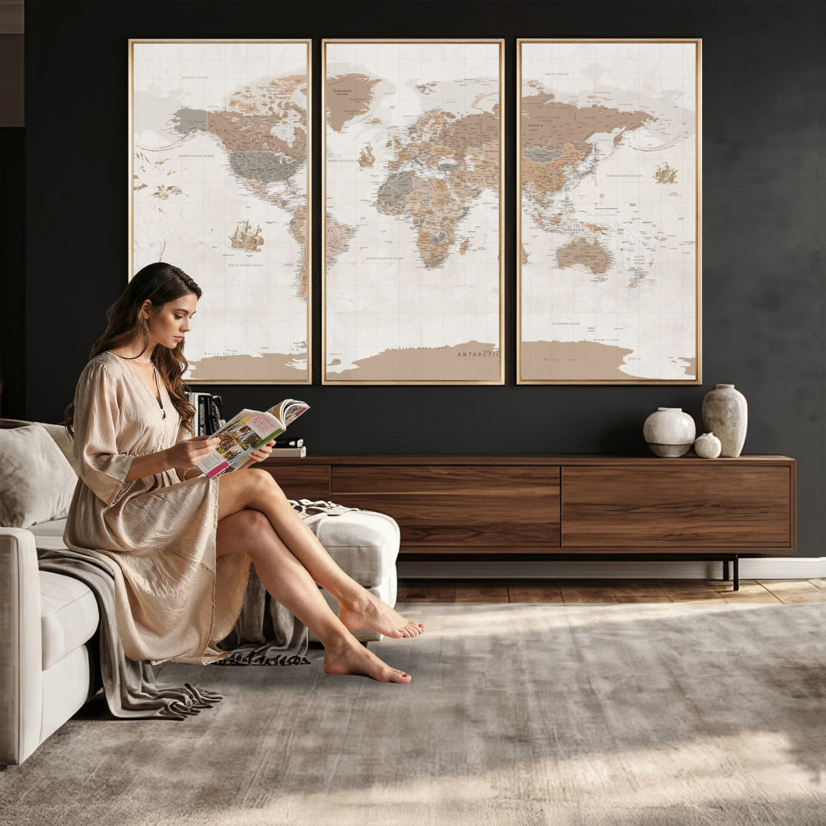 85057279-MGV-CV-36X24 - Framed Large World Map Canvas Print for Office Decor