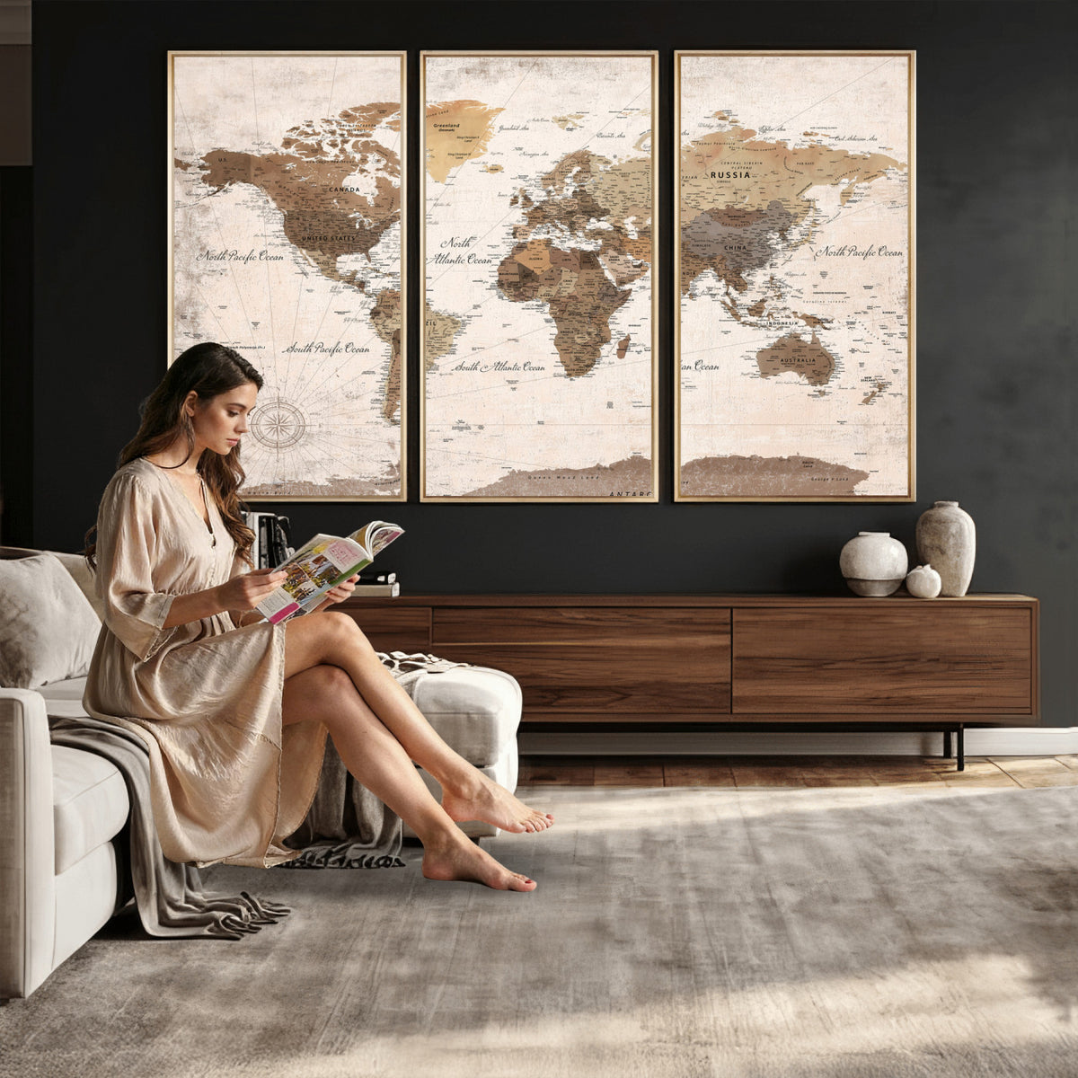 38923639-MGV-CV-36X24 - World Map Wall Art Canvas Print, Modern Decorative Framed Map Artwork Prints for Living Room, Office, Bedroom Wall Decor