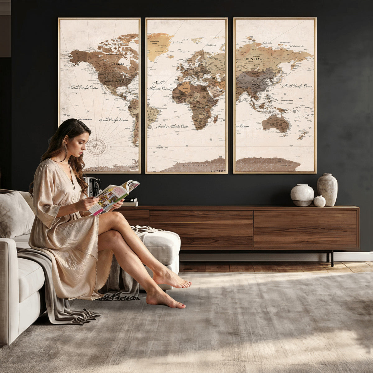 69860078-MGV-CV-36X24 - World Map Wall Art Canvas Print, Modern Decorative Framed Map Artwork Prints for Living Room, Office, Bedroom Wall Decor