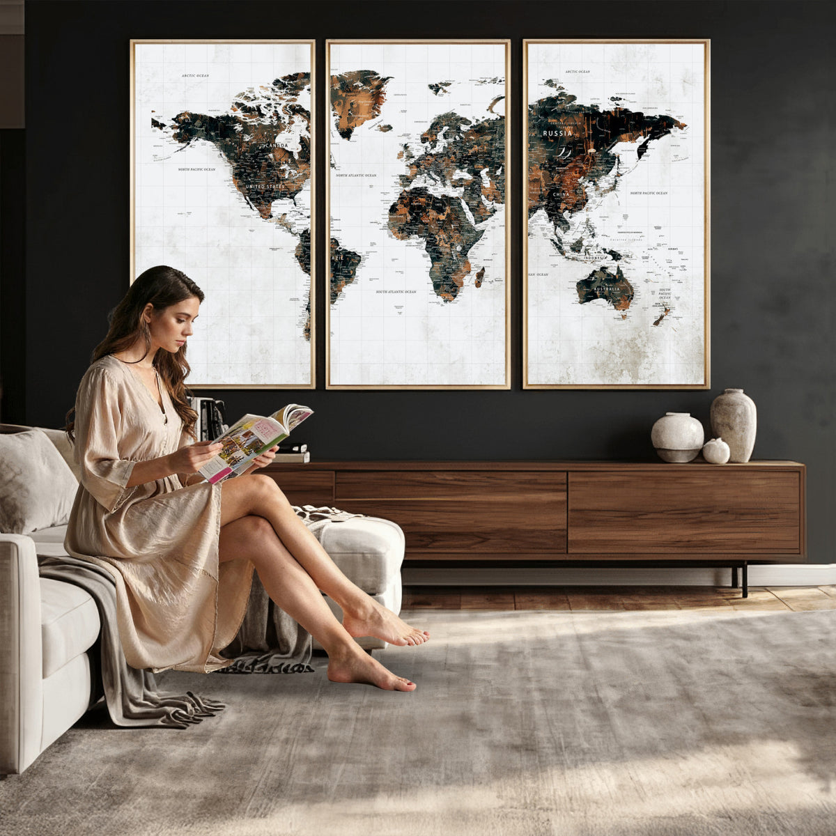 60008766-MGV-CV-36X24 - Large World Map Canvas Print – Framed Travel Map Wall Art