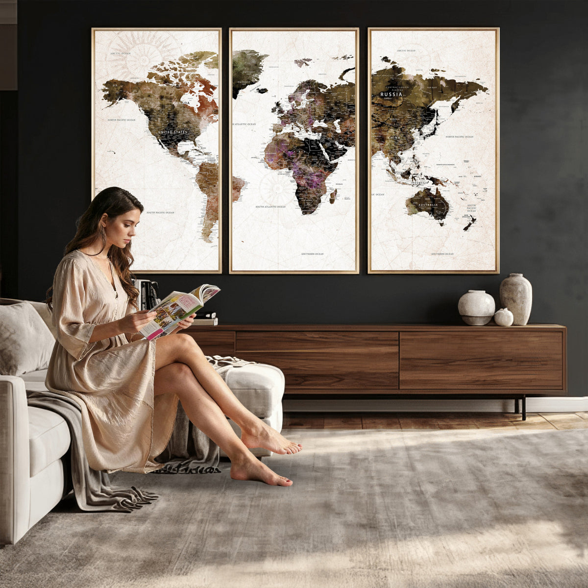 77651968-MGV-CV-36X24 - Watercolor World Map Print - Large Wall Art Canvas Print for