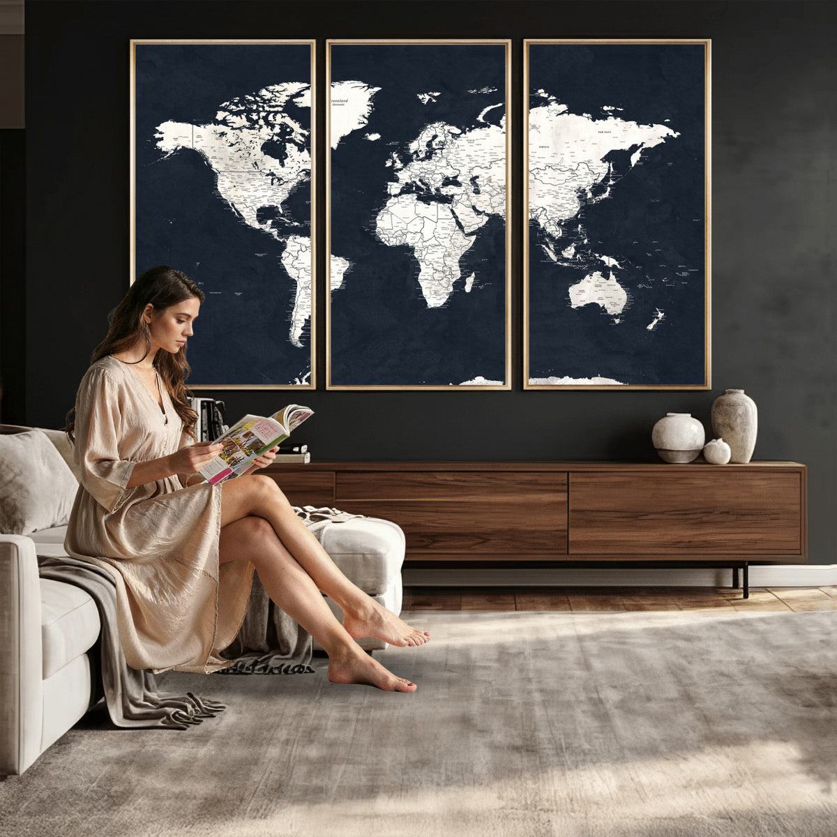 11963807-MGV-CV-36X24 - Black World Map Wall Art Canvas Print for Home Office and Meeting Room Decor