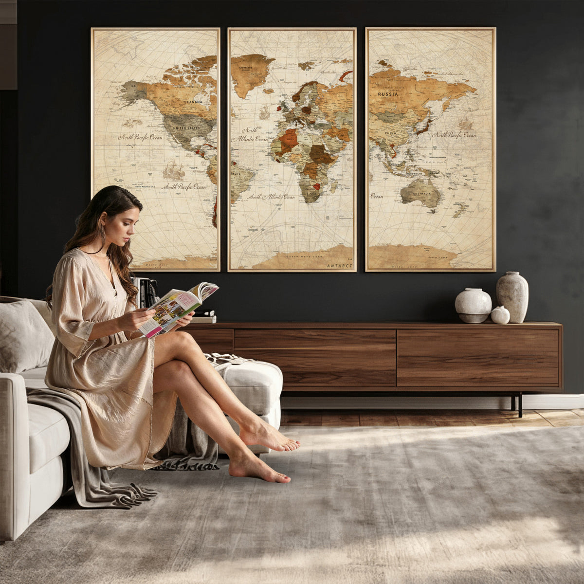 29684537-MGV-CV-36X24 - Vintage World Map Canvas Print, Framed Rustic Detailed Map of the World, Explorer Decor