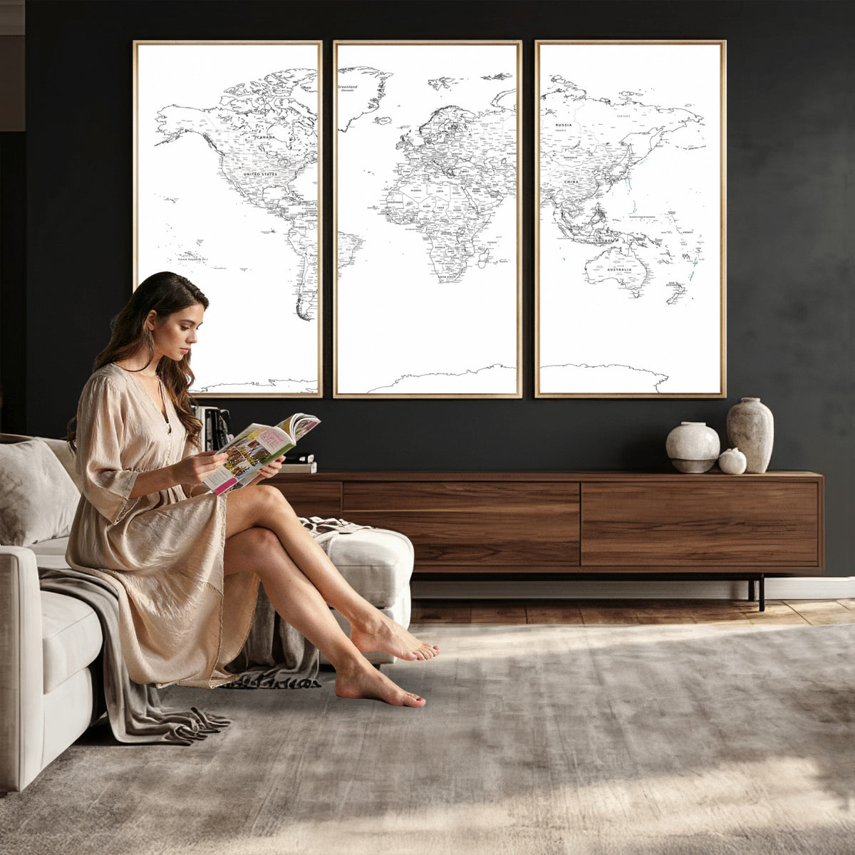 21002736-MGV-CV-36X24 - World Map Canvas Print, Framed Modern Detailed Map of the World for Home or Office