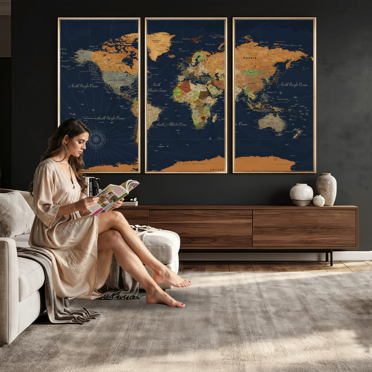 11715182-MGV-CV-36X24 - Modern World Map Canvas Print, Framed Detailed Map of the World Wall Art