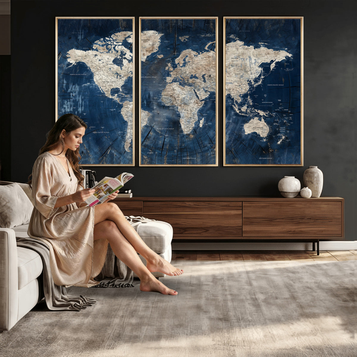 56126010-MGV-CV-36X24 - Large Blue World Map Wall Art Canvas Print for Home Office
