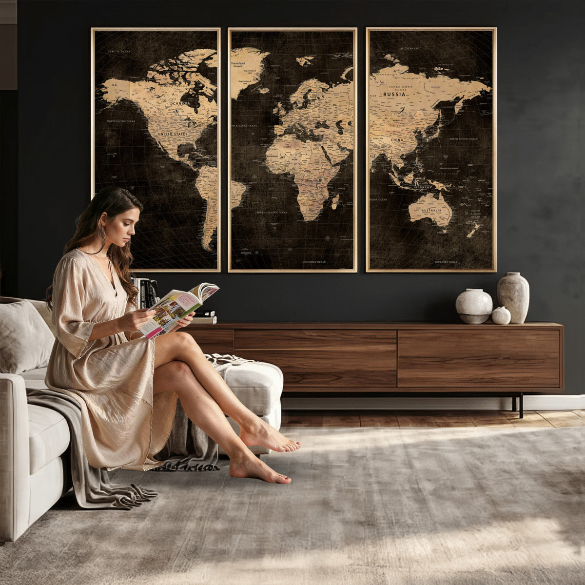 15118265-MGV-CV-36X24 - Brown World Map Canvas Print | Modern Travel Map Wall Art