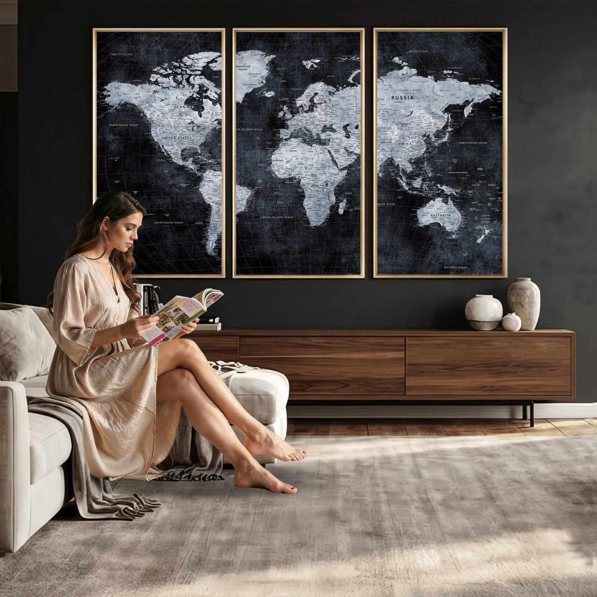 86893704-MGV-CV-36X24 - Black World Map Canvas Print | Detailed Map for Couples and Anniversary Gift