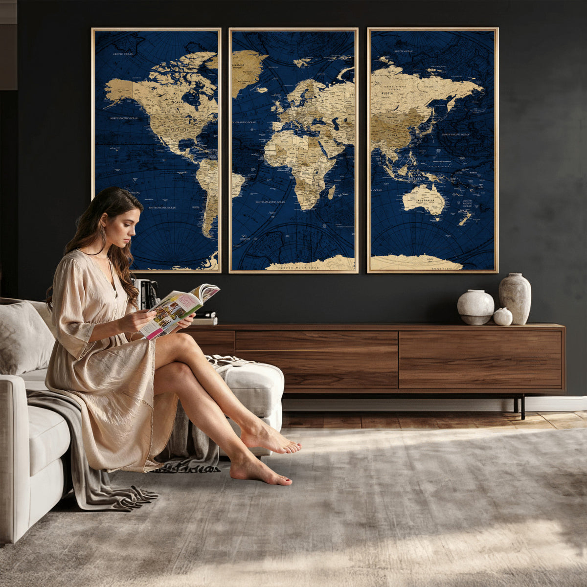 54770746-MGV-CV-36X24 - Navy Blue World Map Canvas Print – Detailed Map Minimal Navy