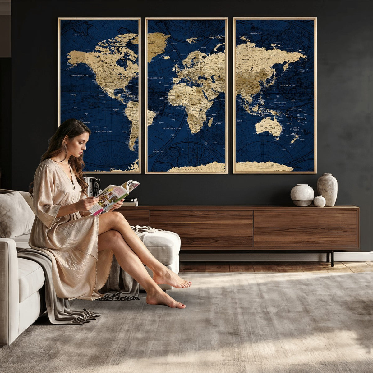 54770746-MGV-CV-24X16 - Navy Blue World Map Canvas Print | Detailed Minimal Navy Map Artwork